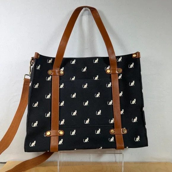 ModCloth Cat Print Tote Bag Purse Black Shoulder Bag with Strap - Picture 3 of 10